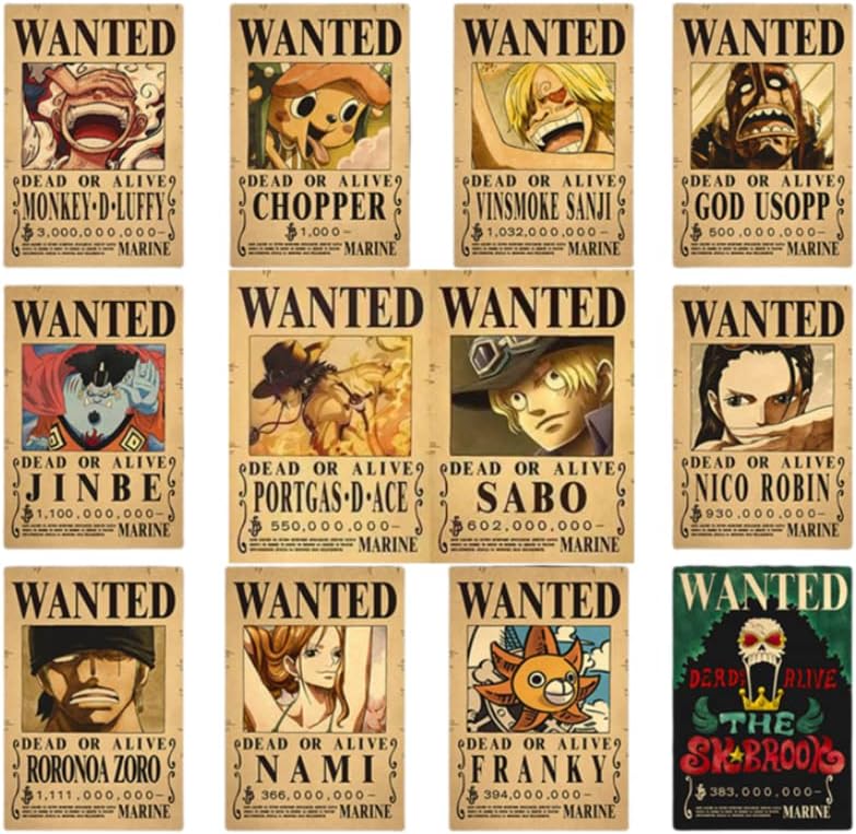One Piece Wanted Poster 12Pcs new updated numbers ون بيس صور المطلوبين بالمبالغ الجديدة عدد 12 صورة