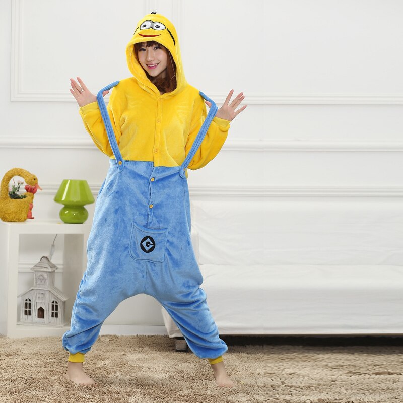 Onesies  ملابس مينيونز كوسبلاي ملابس تنكريه بيجامة قطعة واحدة بتصميم حيوانات للكبار ملابس نوم بقلنسوة، ملابس منزل للهالوين والاحتفالات