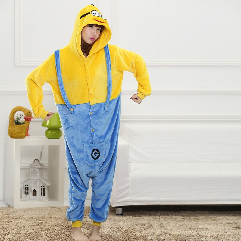 Onesies  ملابس مينيونز كوسبلاي ملابس تنكريه بيجامة قطعة واحدة بتصميم حيوانات للكبار ملابس نوم بقلنسوة، ملابس منزل للهالوين والاحتفالات