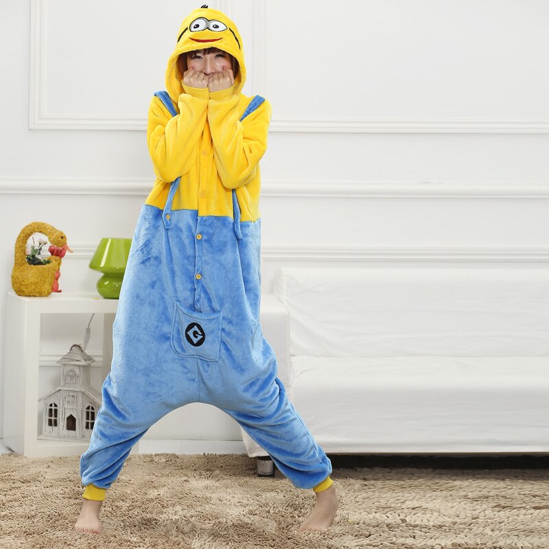 Onesies  ملابس مينيونز كوسبلاي ملابس تنكريه بيجامة قطعة واحدة بتصميم حيوانات للكبار ملابس نوم بقلنسوة، ملابس منزل للهالوين والاحتفالات