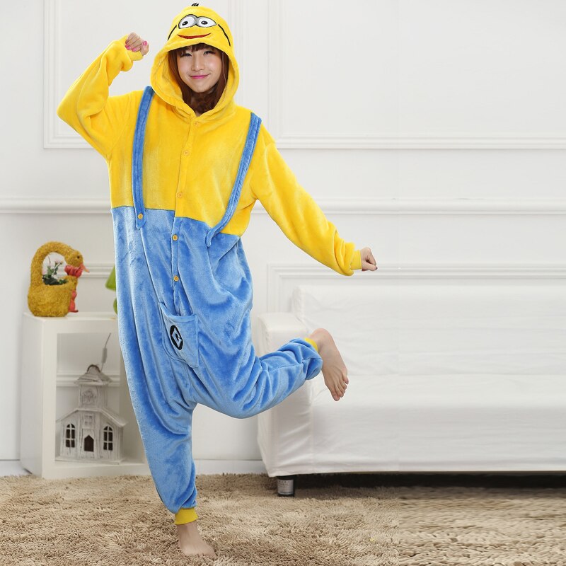 Onesies  ملابس مينيونز كوسبلاي ملابس تنكريه بيجامة قطعة واحدة بتصميم حيوانات للكبار ملابس نوم بقلنسوة، ملابس منزل للهالوين والاحتفالات