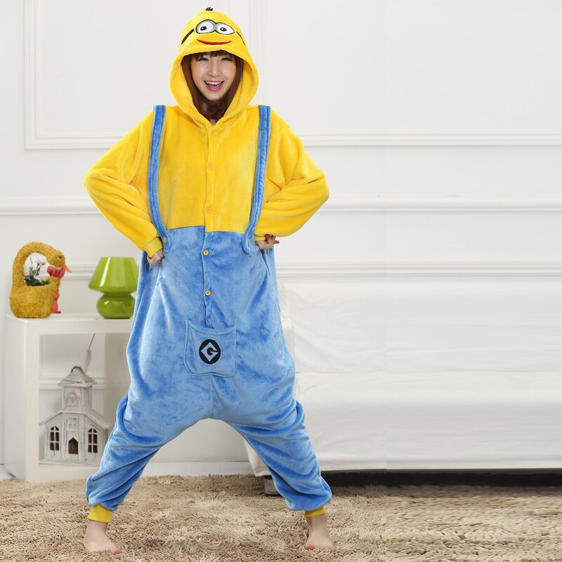 Onesies  ملابس مينيونز كوسبلاي ملابس تنكريه بيجامة قطعة واحدة بتصميم حيوانات للكبار ملابس نوم بقلنسوة، ملابس منزل للهالوين والاحتفالات