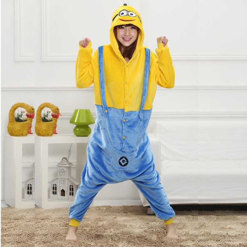 Onesies  ملابس مينيونز كوسبلاي ملابس تنكريه بيجامة قطعة واحدة بتصميم حيوانات للكبار ملابس نوم بقلنسوة، ملابس منزل للهالوين والاحتفالات