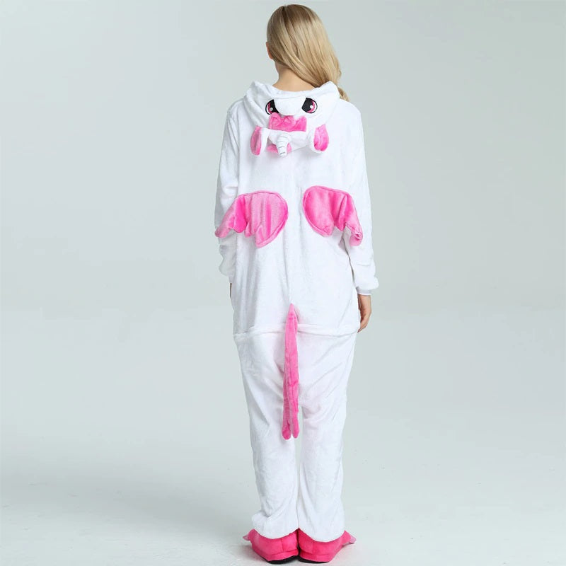 Onesies  ملابس وحيد القرن بمبي وأبيض كوسبلاي ملابس تنكريه بيجامة قطعة واحدة بتصميم حيوانات للكبار ملابس نوم بقلنسوة، ملابس منزل للهالوين والاحتفالات