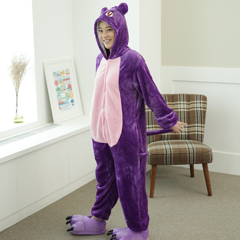 Onesies  ملابس قط بنفسجي كوسبلاي ملابس تنكريه بيجامة قطعة واحدة بتصميم حيوانات للكبار ملابس نوم بقلنسوة، ملابس منزل للهالوين والاحتفالات