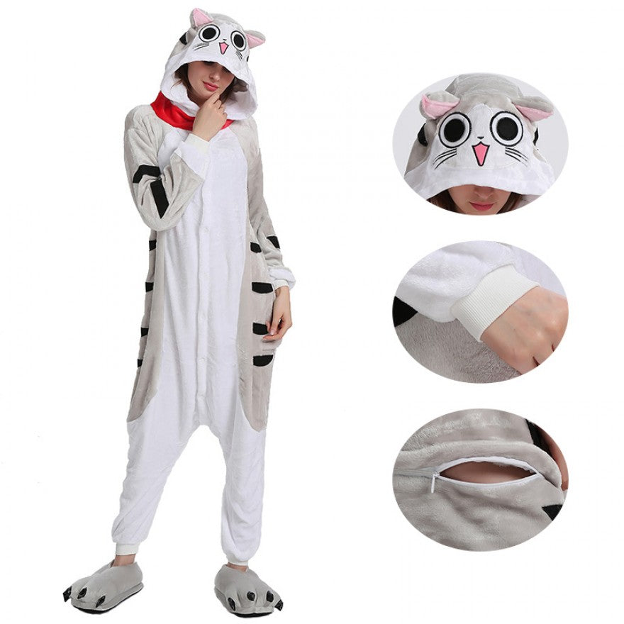 Onesies  ملابس قط رصاصي كوسبلاي ملابس تنكريه بيجامة قطعة واحدة بتصميم حيوانات للكبار ملابس نوم بقلنسوة، ملابس منزل للهالوين والاحتفالات
