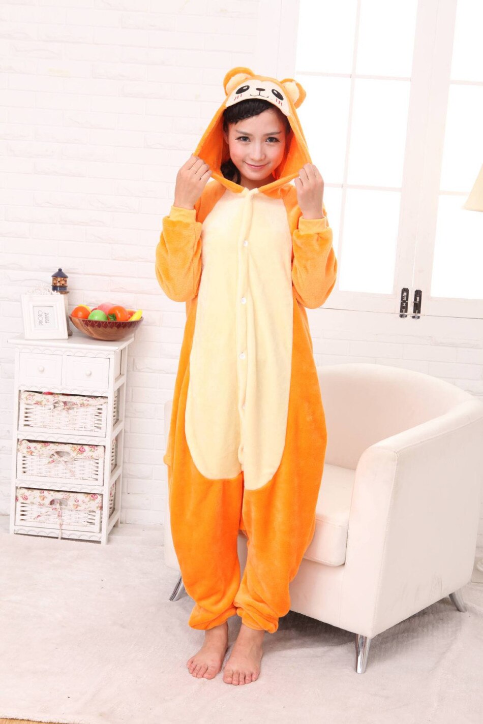 Onesies ملابس دبدوب برتقالي كوسبلاي ملابس تنكريه بيجامة قطعة واحدة بتصميم حيوانات للكبار ملابس نوم بقلنسوة، ملابس منزل للهالوين والاحتفالات