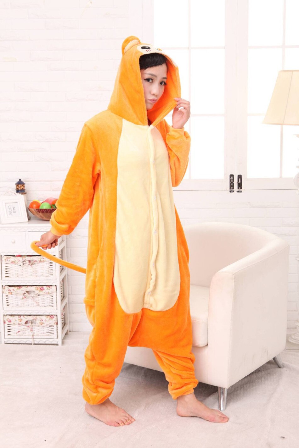 Onesies ملابس دبدوب برتقالي كوسبلاي ملابس تنكريه بيجامة قطعة واحدة بتصميم حيوانات للكبار ملابس نوم بقلنسوة، ملابس منزل للهالوين والاحتفالات