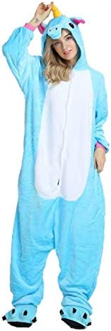 Onesies  ملابس وحيد القرن أزرق كوسبلاي ملابس تنكريه بيجامة قطعة واحدة بتصميم حيوانات للكبار ملابس نوم بقلنسوة، ملابس منزل للهالوين والاحتفالات