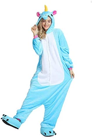 Onesies  ملابس وحيد القرن أزرق كوسبلاي ملابس تنكريه بيجامة قطعة واحدة بتصميم حيوانات للكبار ملابس نوم بقلنسوة، ملابس منزل للهالوين والاحتفالات
