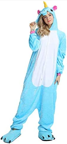 Onesies  ملابس وحيد القرن أزرق كوسبلاي ملابس تنكريه بيجامة قطعة واحدة بتصميم حيوانات للكبار ملابس نوم بقلنسوة، ملابس منزل للهالوين والاحتفالات
