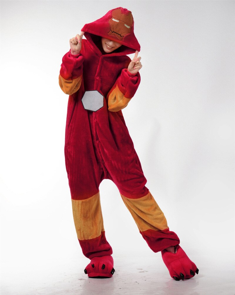 Onesies  ملابس أيرون مان كوسبلاي ملابس تنكريه بيجامة قطعة واحدة بتصميم حيوانات للكبار ملابس نوم بقلنسوة، ملابس منزل للهالوين والاحتفالات