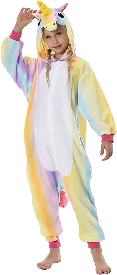 Onesies  ملابس وحيد القرن ملون كوسبلاي ملابس تنكريه بيجامة قطعة واحدة بتصميم حيوانات للكبار ملابس نوم بقلنسوة، ملابس منزل للهالوين والاحتفالات