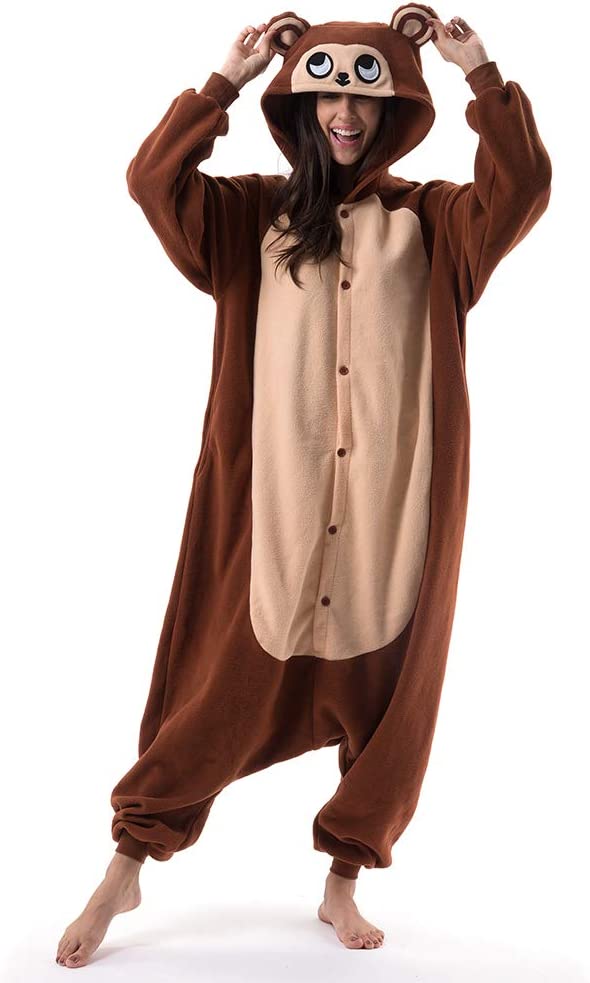 Onesies  ملابس قرد بني كوسبلاي ملابس تنكريه بيجامة قطعة واحدة بتصميم حيوانات للكبار ملابس نوم بقلنسوة، ملابس منزل للهالوين والاحتفالات