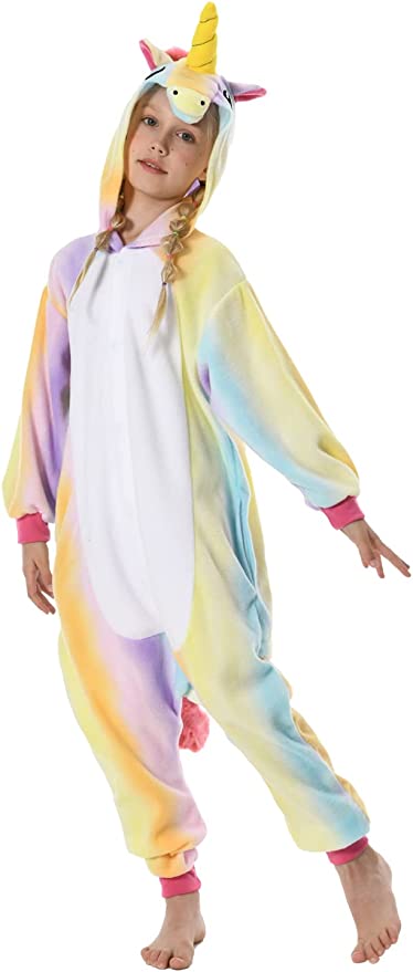 Onesies  ملابس وحيد القرن ملون كوسبلاي ملابس تنكريه بيجامة قطعة واحدة بتصميم حيوانات للكبار ملابس نوم بقلنسوة، ملابس منزل للهالوين والاحتفالات