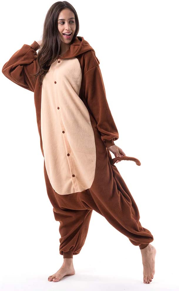 Onesies  ملابس قرد بني كوسبلاي ملابس تنكريه بيجامة قطعة واحدة بتصميم حيوانات للكبار ملابس نوم بقلنسوة، ملابس منزل للهالوين والاحتفالات