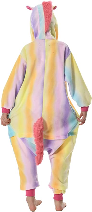 Onesies  ملابس وحيد القرن ملون كوسبلاي ملابس تنكريه بيجامة قطعة واحدة بتصميم حيوانات للكبار ملابس نوم بقلنسوة، ملابس منزل للهالوين والاحتفالات