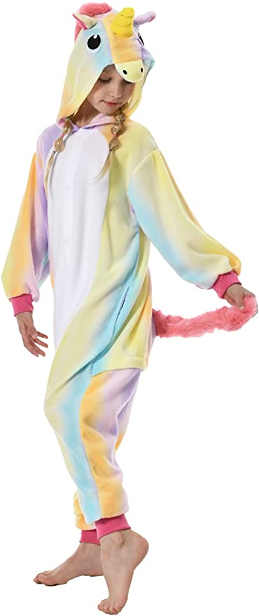 Onesies  ملابس وحيد القرن ملون كوسبلاي ملابس تنكريه بيجامة قطعة واحدة بتصميم حيوانات للكبار ملابس نوم بقلنسوة، ملابس منزل للهالوين والاحتفالات