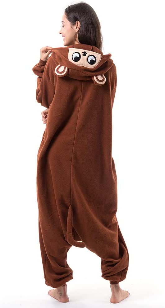 Onesies  ملابس قرد بني كوسبلاي ملابس تنكريه بيجامة قطعة واحدة بتصميم حيوانات للكبار ملابس نوم بقلنسوة، ملابس منزل للهالوين والاحتفالات