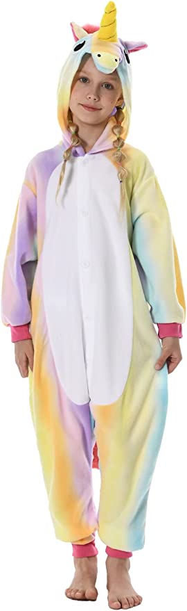 Onesies  ملابس وحيد القرن ملون كوسبلاي ملابس تنكريه بيجامة قطعة واحدة بتصميم حيوانات للكبار ملابس نوم بقلنسوة، ملابس منزل للهالوين والاحتفالات