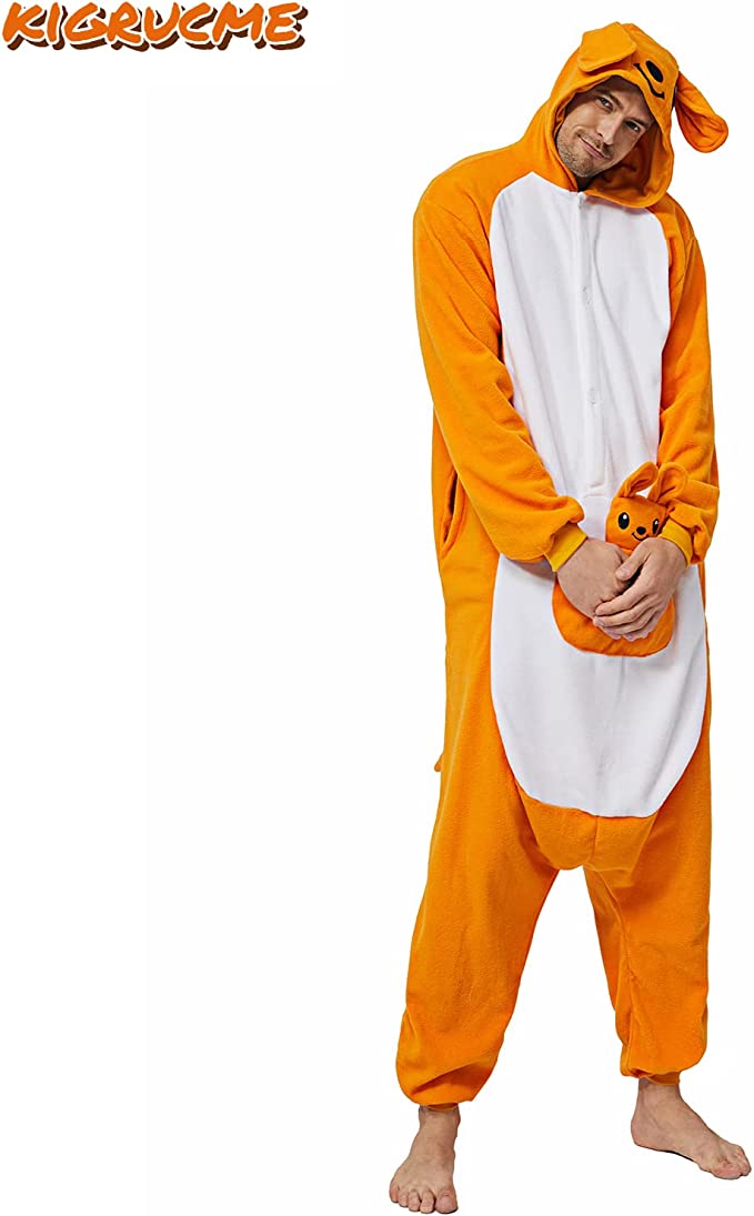 Onesies  ملابس كانغر كوسبلاي ملابس تنكريه بيجامة قطعة واحدة بتصميم حيوانات للكبار ملابس نوم بقلنسوة، ملابس منزل للهالوين والاحتفالات