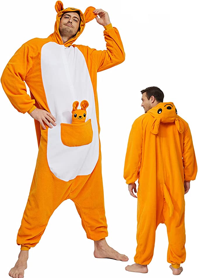 Onesies  ملابس كانغر كوسبلاي ملابس تنكريه بيجامة قطعة واحدة بتصميم حيوانات للكبار ملابس نوم بقلنسوة، ملابس منزل للهالوين والاحتفالات