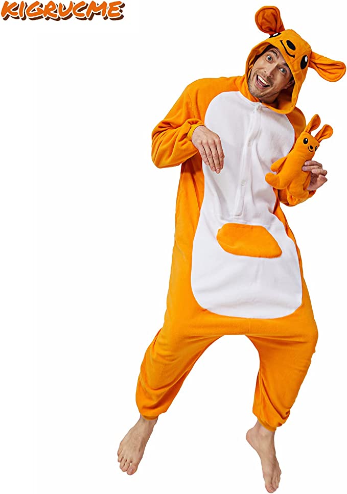 Onesies  ملابس كانغر كوسبلاي ملابس تنكريه بيجامة قطعة واحدة بتصميم حيوانات للكبار ملابس نوم بقلنسوة، ملابس منزل للهالوين والاحتفالات