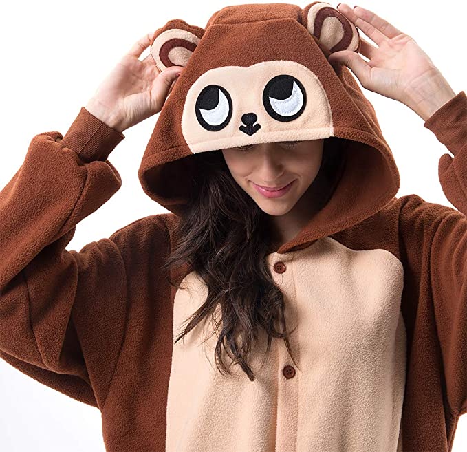Onesies  ملابس قرد بني كوسبلاي ملابس تنكريه بيجامة قطعة واحدة بتصميم حيوانات للكبار ملابس نوم بقلنسوة، ملابس منزل للهالوين والاحتفالات