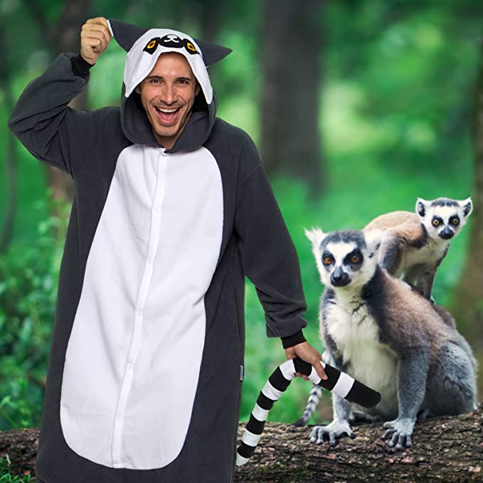 Onesies  ملابس ليمور كوسبلاي ملابس تنكريه بيجامة قطعة واحدة بتصميم حيوانات للكبار ملابس نوم بقلنسوة، ملابس منزل للهالوين والاحتفالات