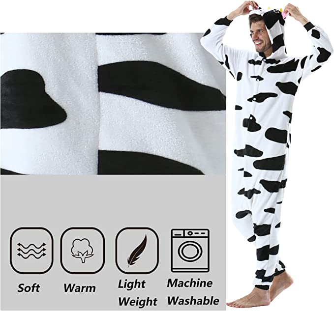 Onesies  ملابس بقرة كوسبلاي ملابس تنكريه بيجامة قطعة واحدة بتصميم حيوانات للكبار ملابس نوم بقلنسوة، ملابس منزل للهالوين والاحتفالات