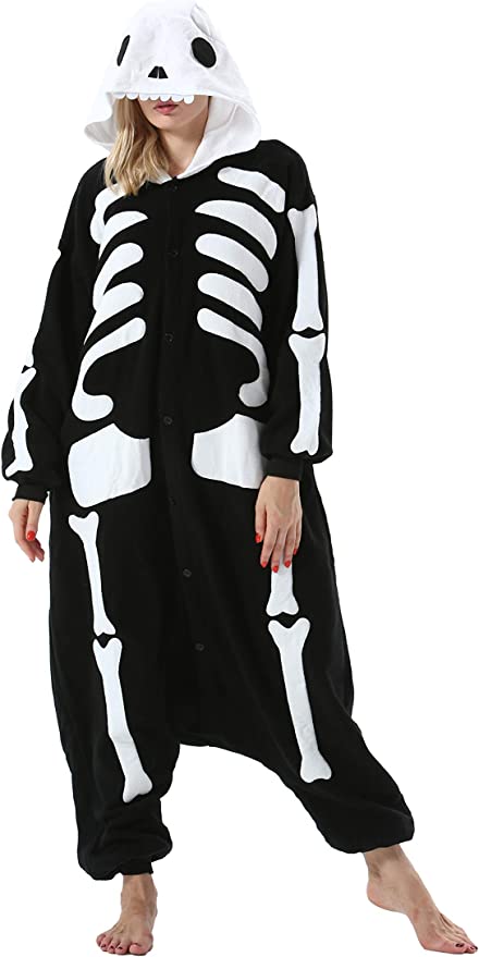 Onesies  ملابس هيكل عظمي كوسبلاي ملابس تنكريه بيجامة قطعة واحدة بتصميم حيوانات للكبار ملابس نوم بقلنسوة، ملابس منزل للهالوين والاحتفالات