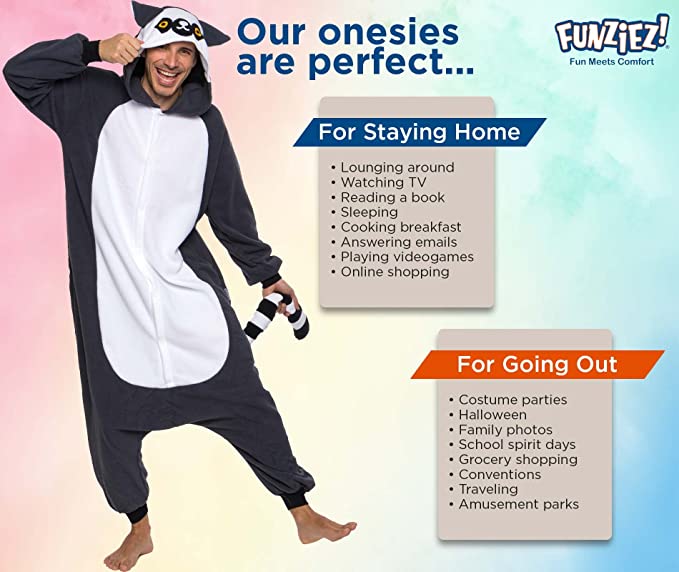 Onesies  ملابس ليمور كوسبلاي ملابس تنكريه بيجامة قطعة واحدة بتصميم حيوانات للكبار ملابس نوم بقلنسوة، ملابس منزل للهالوين والاحتفالات