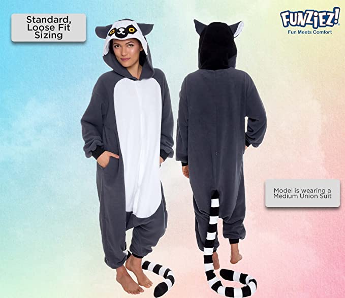 Onesies  ملابس ليمور كوسبلاي ملابس تنكريه بيجامة قطعة واحدة بتصميم حيوانات للكبار ملابس نوم بقلنسوة، ملابس منزل للهالوين والاحتفالات