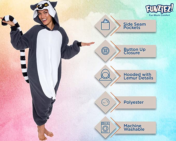 Onesies  ملابس ليمور كوسبلاي ملابس تنكريه بيجامة قطعة واحدة بتصميم حيوانات للكبار ملابس نوم بقلنسوة، ملابس منزل للهالوين والاحتفالات