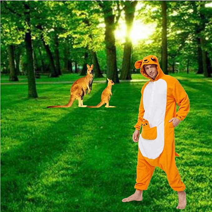 Onesies  ملابس كانغر كوسبلاي ملابس تنكريه بيجامة قطعة واحدة بتصميم حيوانات للكبار ملابس نوم بقلنسوة، ملابس منزل للهالوين والاحتفالات