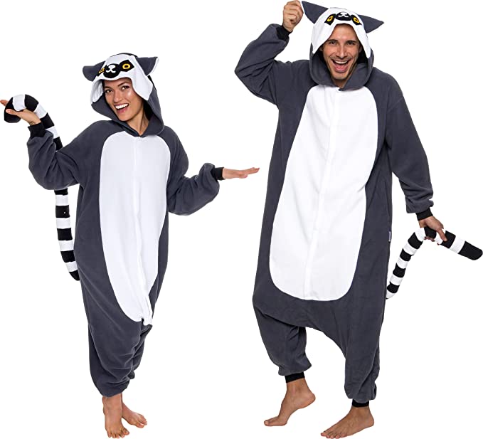 Onesies  ملابس ليمور كوسبلاي ملابس تنكريه بيجامة قطعة واحدة بتصميم حيوانات للكبار ملابس نوم بقلنسوة، ملابس منزل للهالوين والاحتفالات
